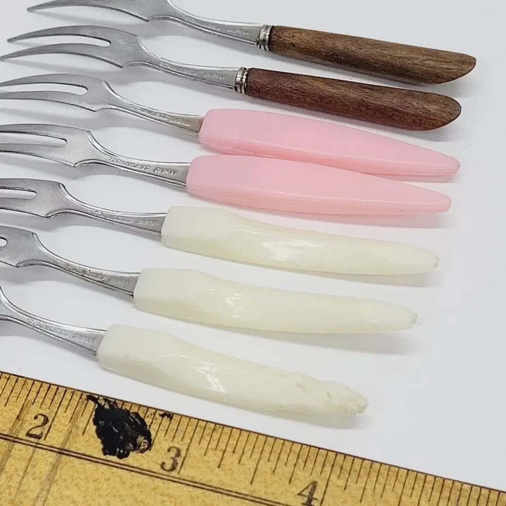 7 Vintage Mini Cocktail Appetizer Forks Stainless Wood Plastic 4